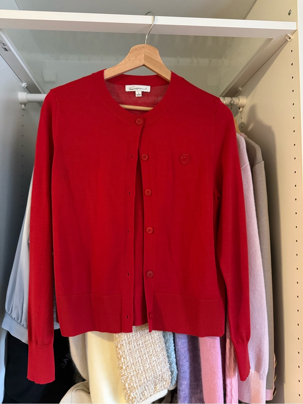 Red Button-Front Crewneck Cardigan